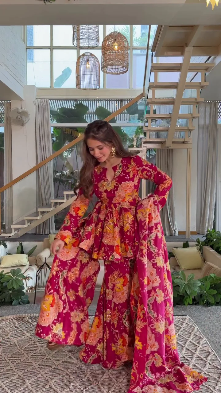 Magenta Floral Printed Kurta Palazzo Set with Dupatta