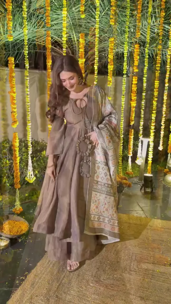 Brown Anarkali Gown with Printed Dupatta