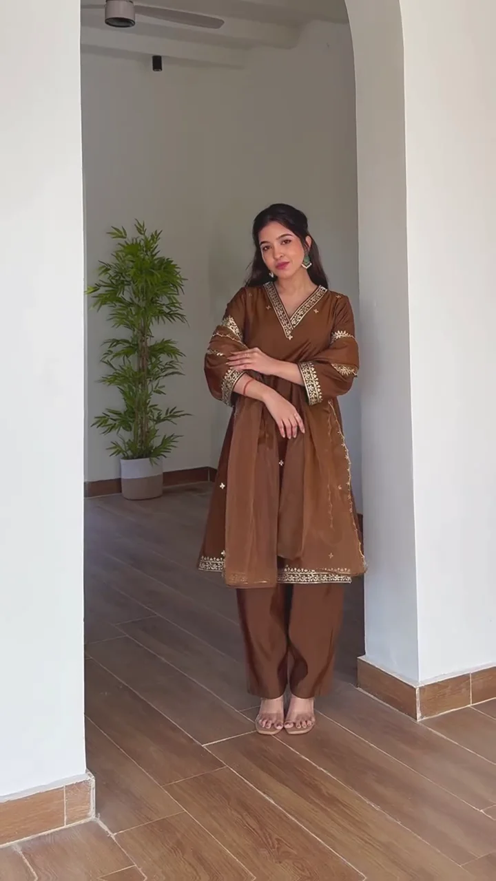 Chocolate Brown Kurta with Straight Pants and Dupatta