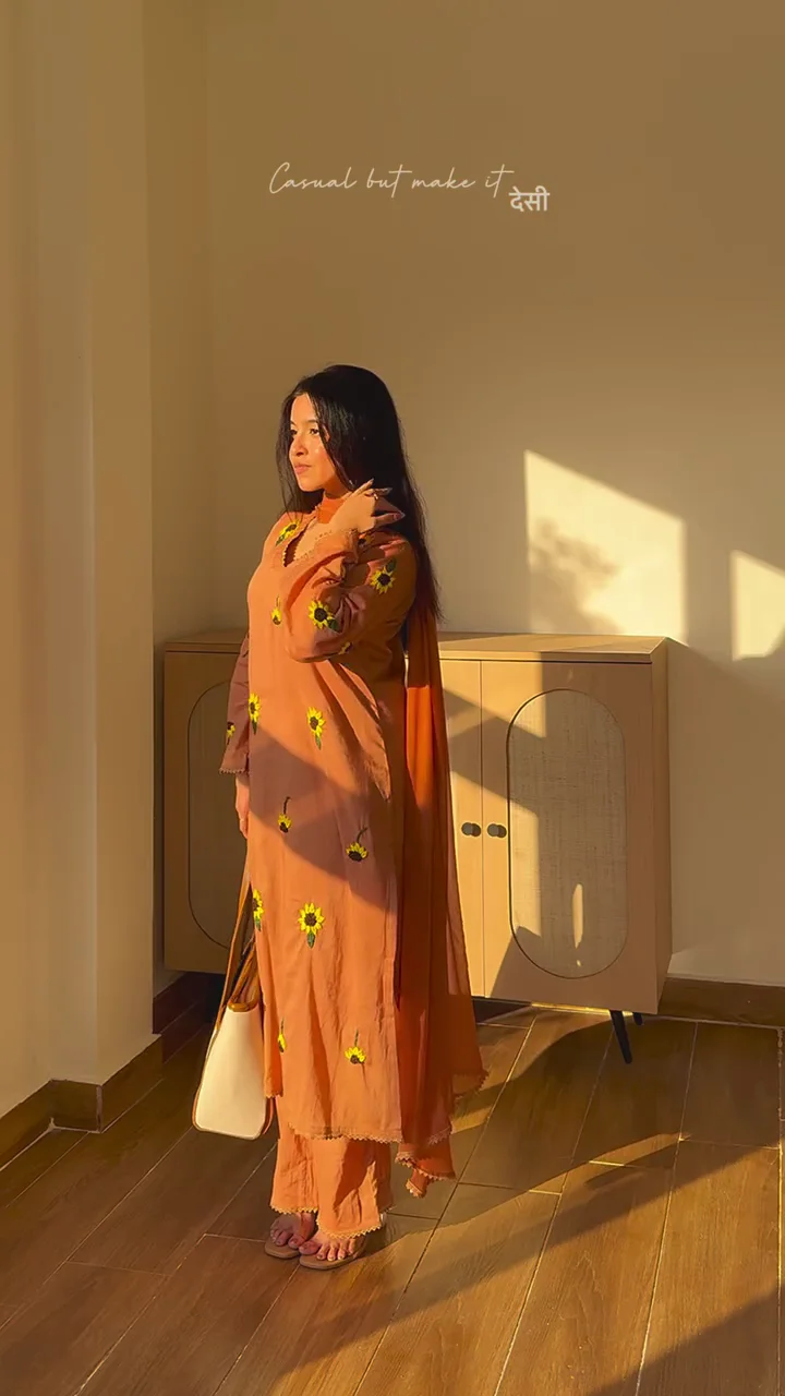 Rust Floral Embroidered Casual Suit