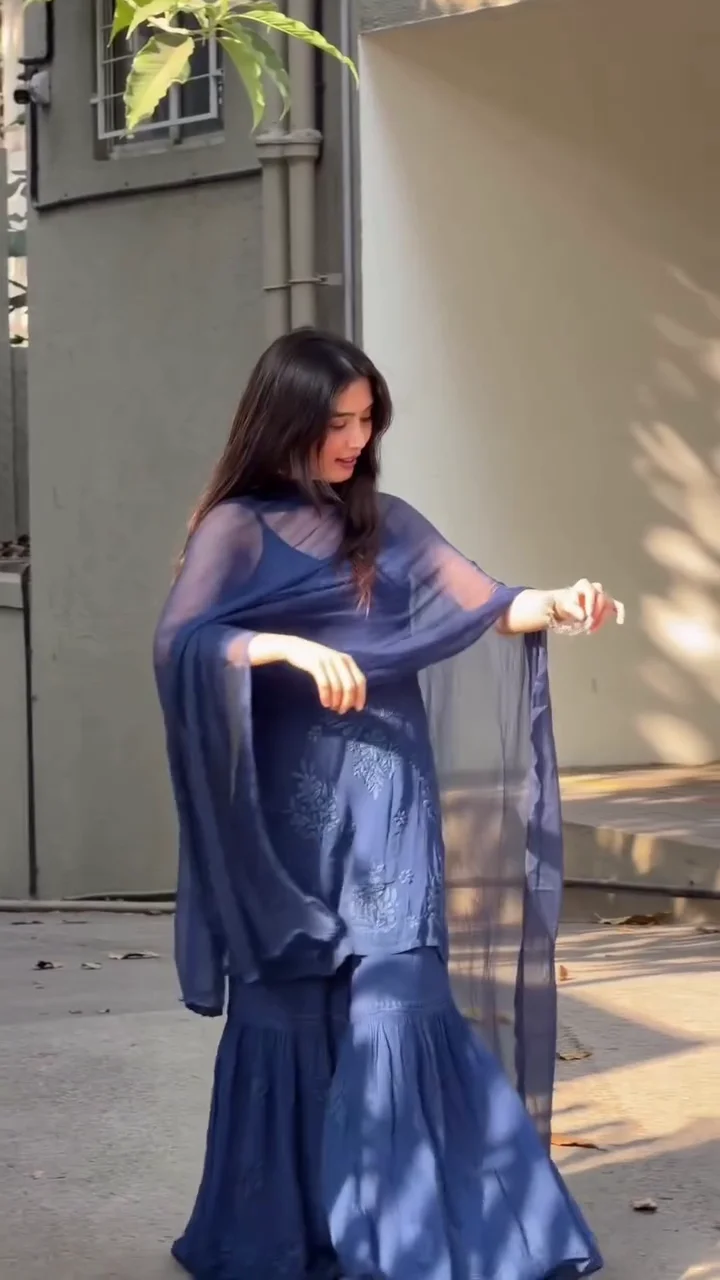 Navy Blue Embroidered Kurta with Flowing Sharara and Dupatta