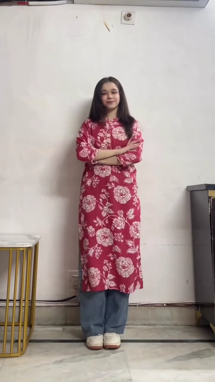 Red Floral Straight Kurta with Wide-Leg Jeans