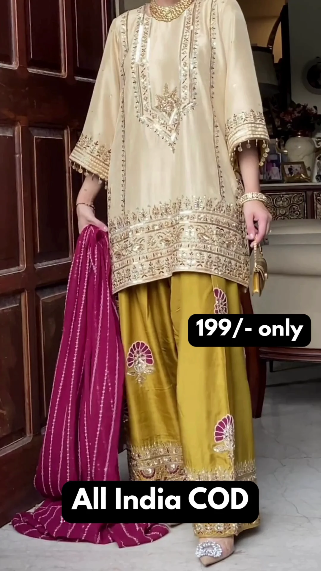 Beige and Olive Festive Embroidered Kurta Set