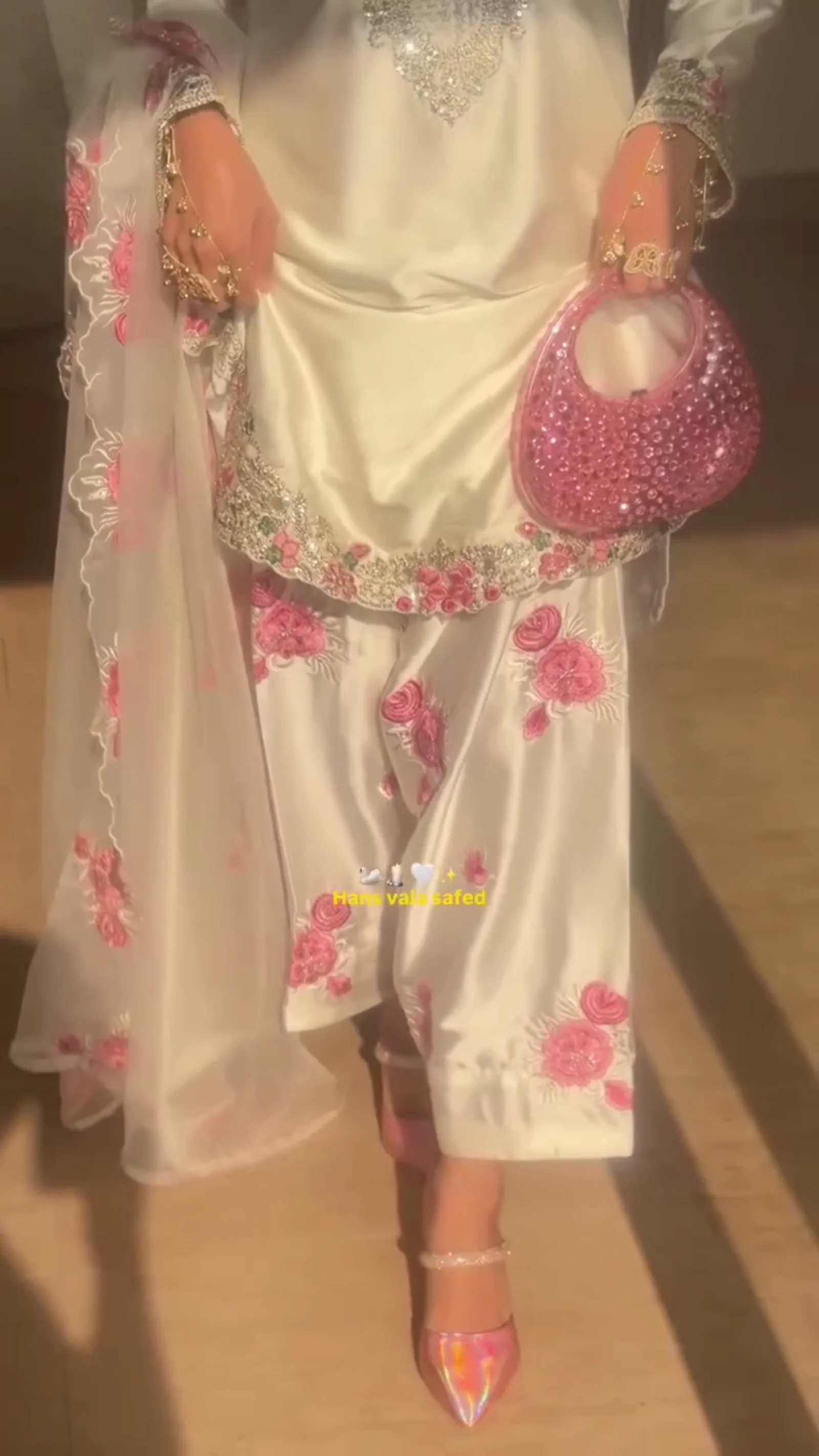 White and Pink Floral Embroidered Suit Set