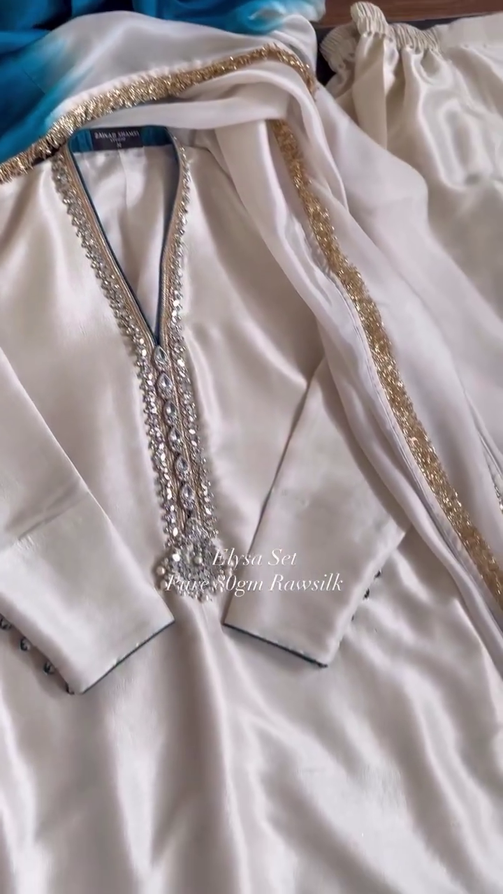 Ivory Raw Silk Embellished Suit Set