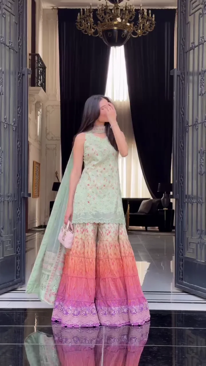 Pastel Embroidered Kurta with Floral Ombre Sharara Set