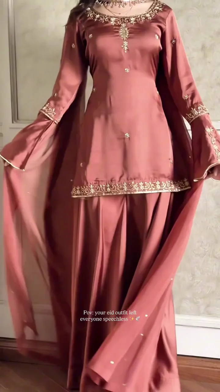 Elegant Rose Gold Embroidered Kurta Set with Flared Sleeves and Dupatta