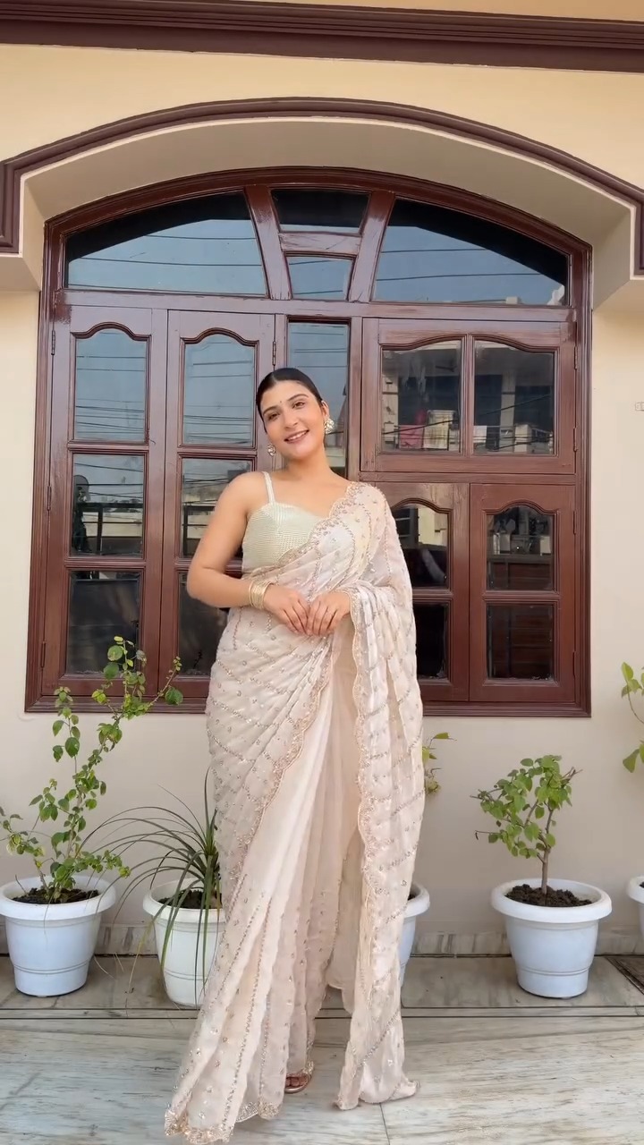 Beige embellished saree