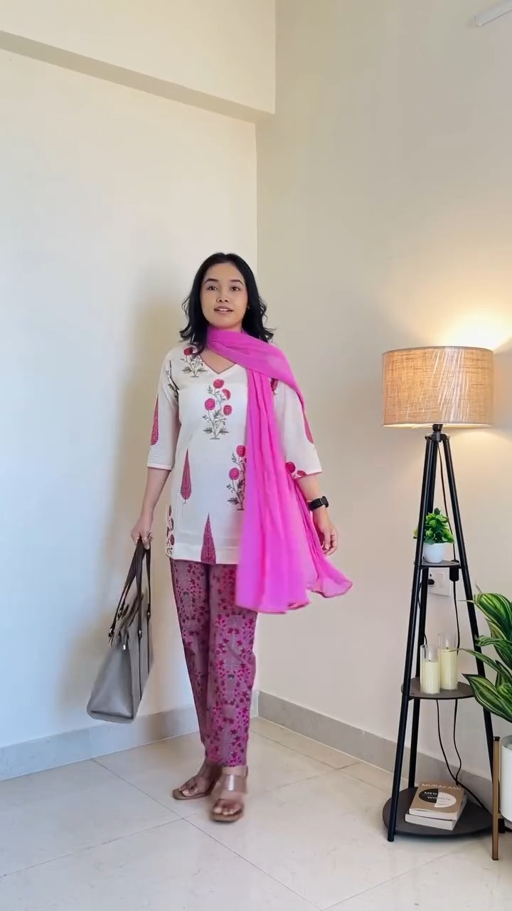 Floral Kurta with Pink Dupatta