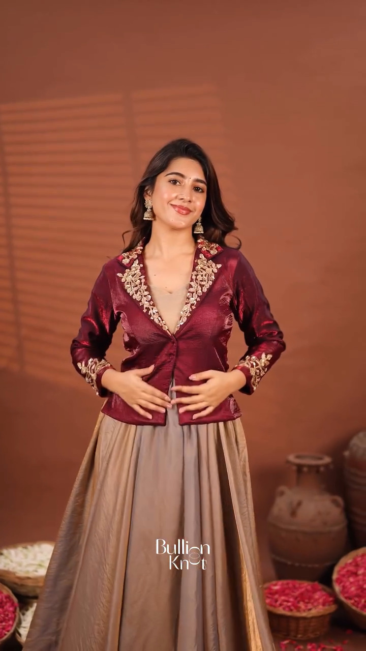 Elegant Maroon Embroidered Jacket with Flowy Beige Anarkali Set